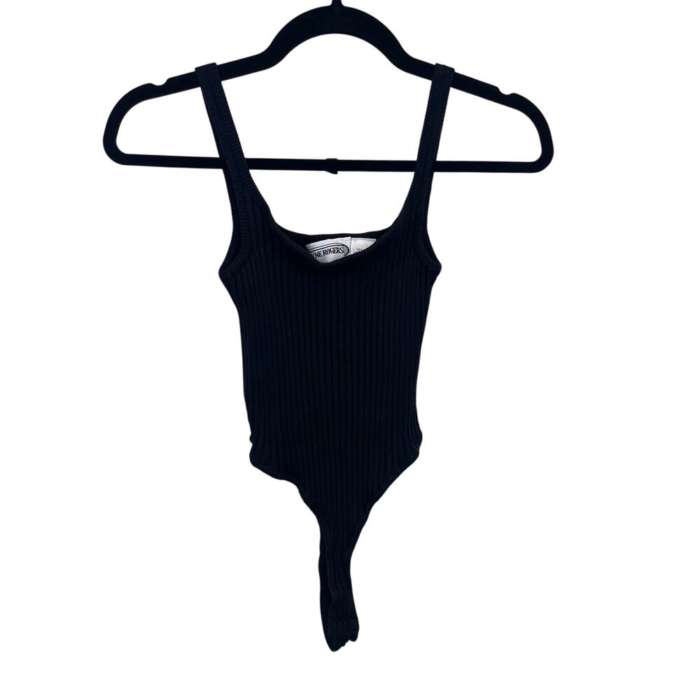 Wayne Rogers RARE Vintage Black Silk Ribbed Thong Bodysuit Women’s Medium